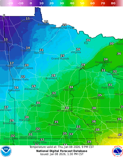 Forecast high temperatures Thursday
