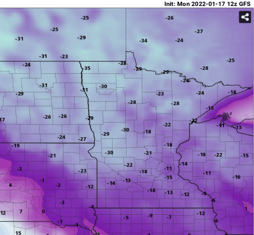 Forecast minimum temps Thursday