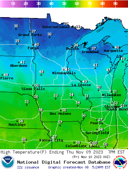Forecast high temperatures Thursday