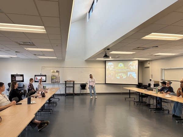 Wide shot of a person presenting to a conference room full of people.