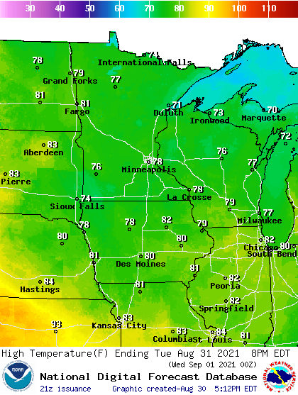 Forecast high temperatures Tuesday