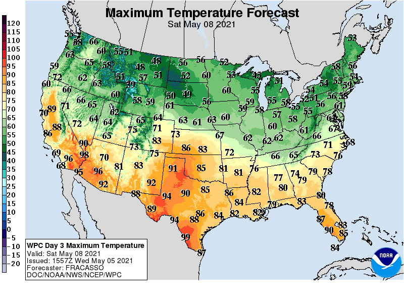 Forecast high temperatures Saturday