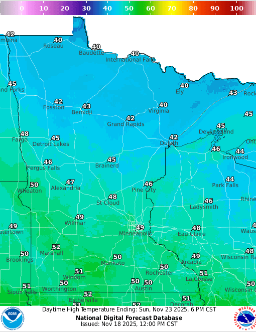 Forecast high temperatures Sunday