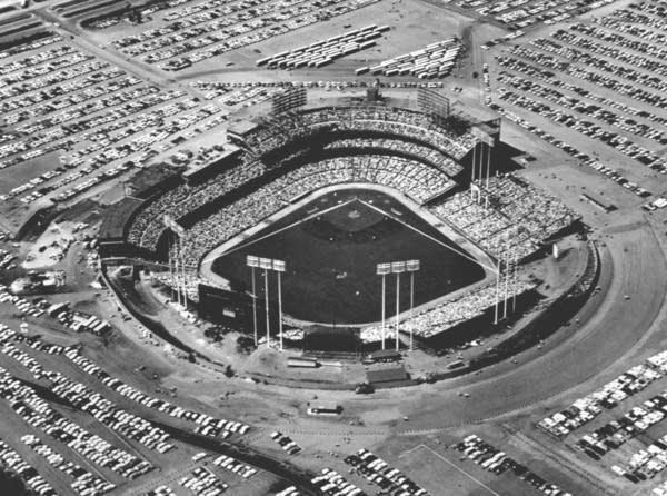 An aerial view of a Major League Baseball stadium