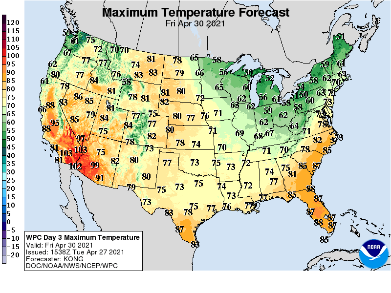 Forecast high temperatures Friday