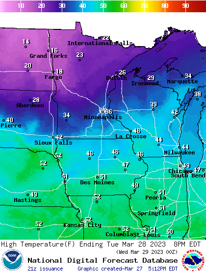 Forecast high temperatures Tuesday