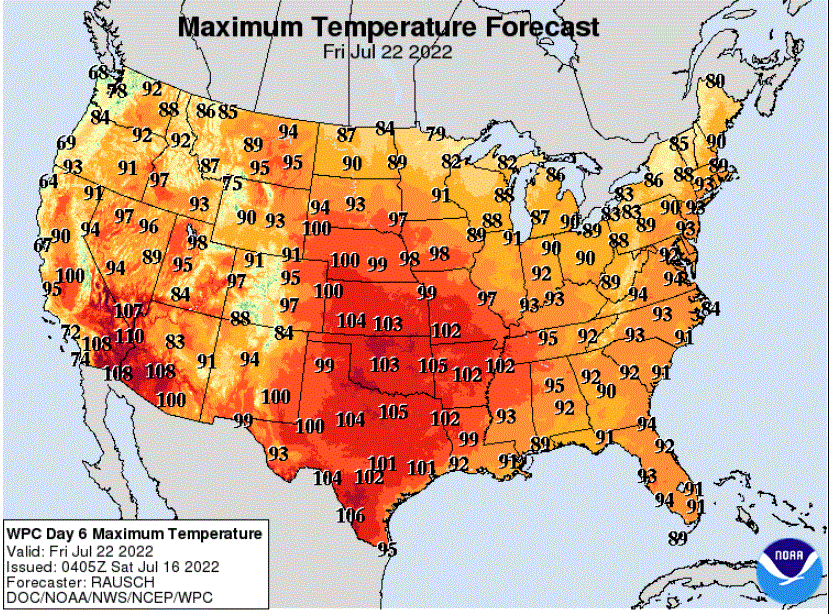 Forecast high temperatures for Friday