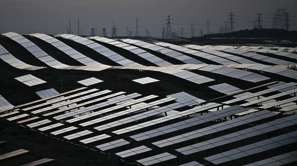 Solar panels and power lines.
