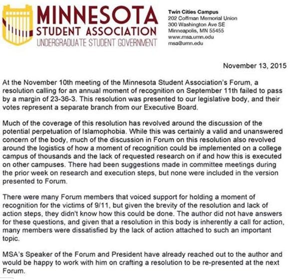 Rejection of 9/11 observance roils U of M Student Association