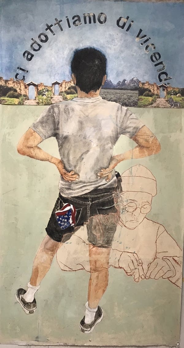 Illustration of a man seen from behind with his hands on his hips and an American flag folded in his shorts pocket. There's an illustration of a man in glasses superimposed on the lower-right side.