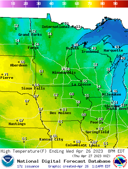 Forecast high temperatures Wednesday