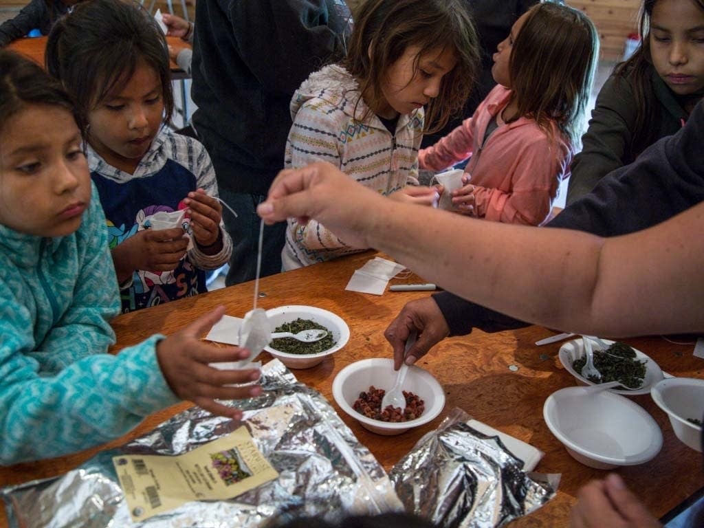 Children are shown how to create their own tea bags.