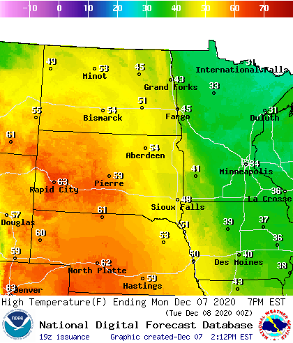 Forecast high temperatures Monday
