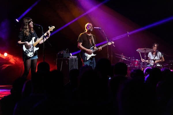 Bassist Melanie Radford, singer/guitarist Doug Martsch and drummer Teresa Esguerra of Built to Spill perform at the Neighborhood Theatre on May 07, 2022 in Charlotte, North Carolina.