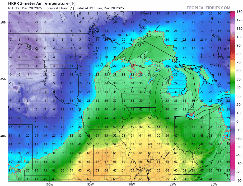 Temperatures Sunday 7 a.m. to Monday 6 a.m.