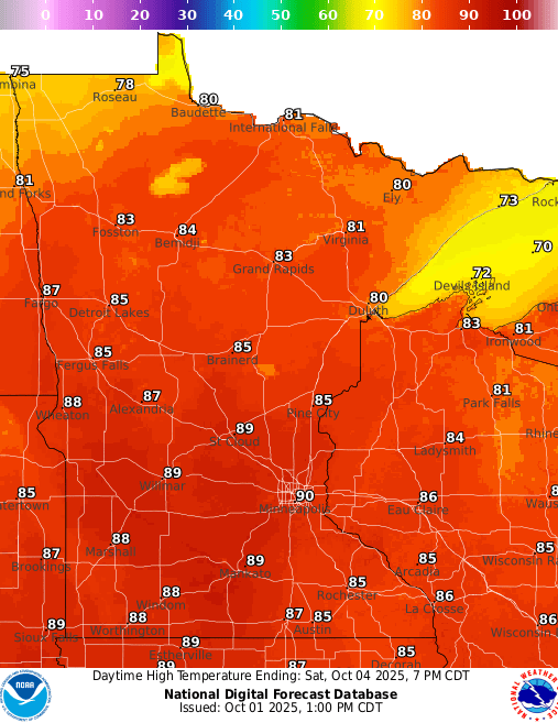 Forecast high temperatures Saturday
