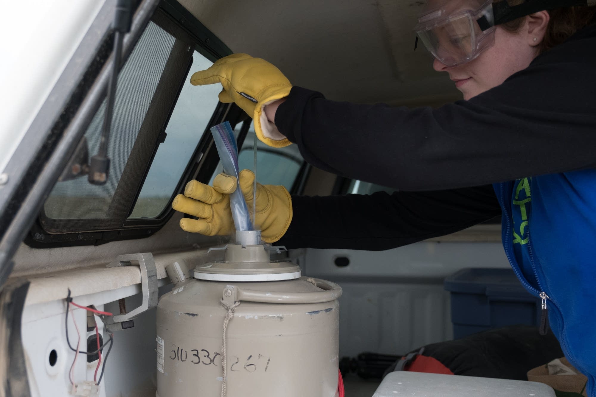Nicole Benson stores the pellet sample on dry ice.