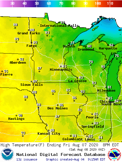 Forecast high temperatures Friday