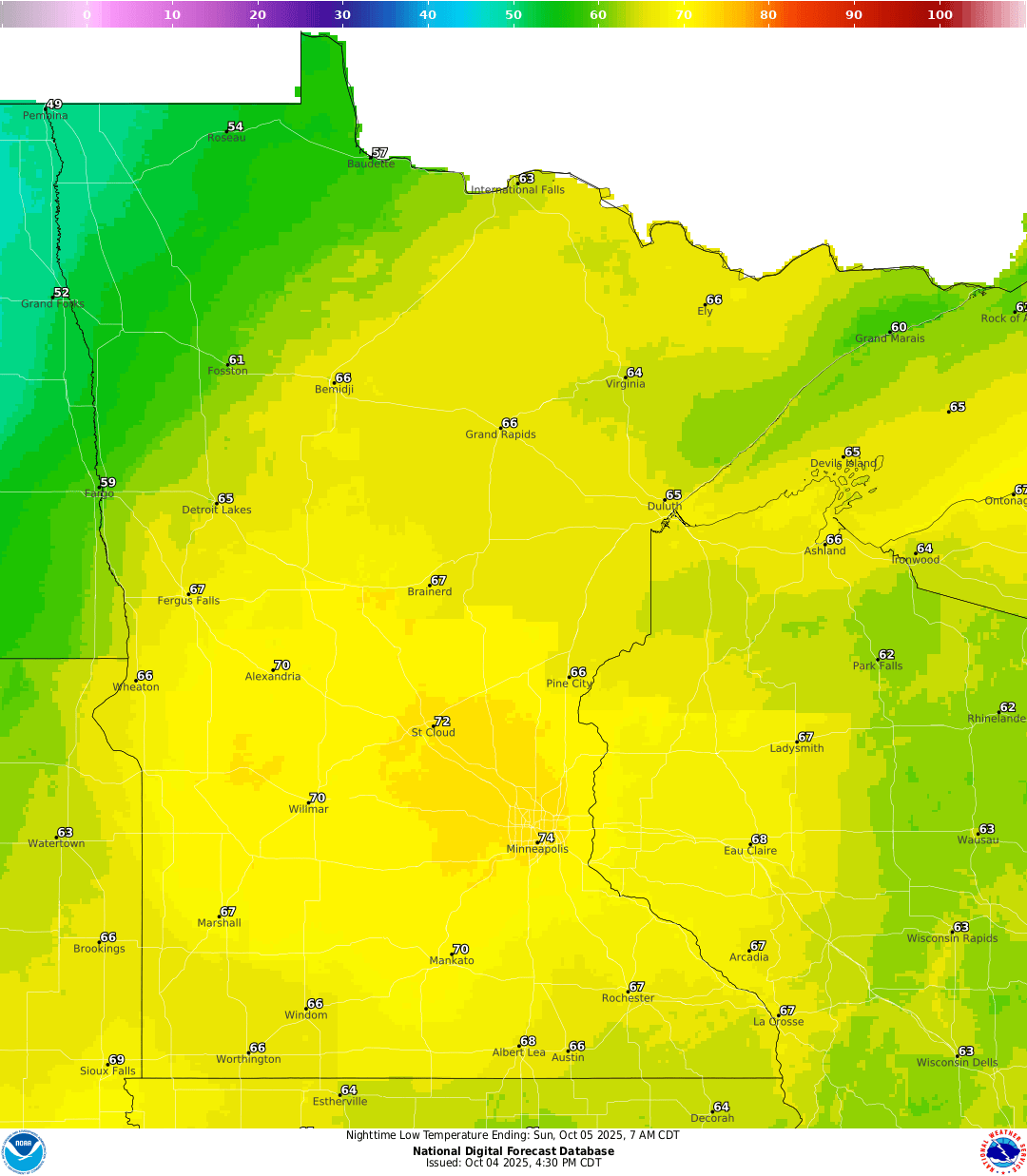 Lows for Saturday night
