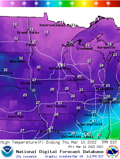 Forecast high temperatures Thursday