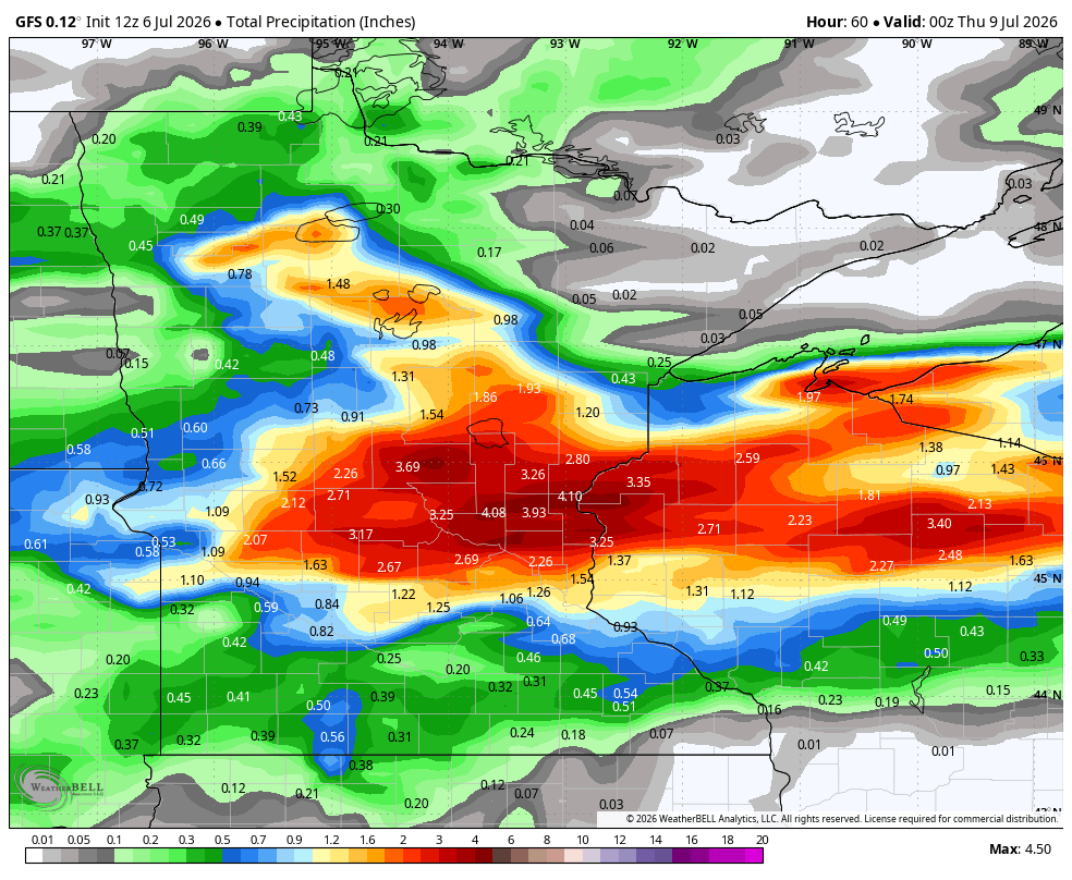 Total precipitation forecast through Wednesday 7 p.m.- Global Forecast System model