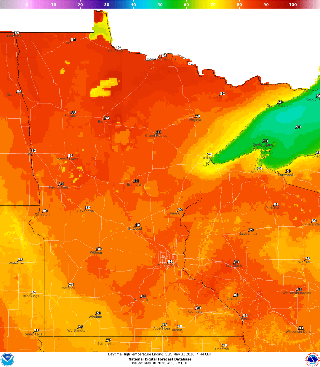 Highs for Sunday