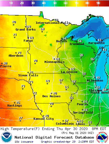 Forecast high temperatures Thursday
