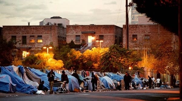 A homeless encampment on December 11, 2000 in Los Angeles, California. 