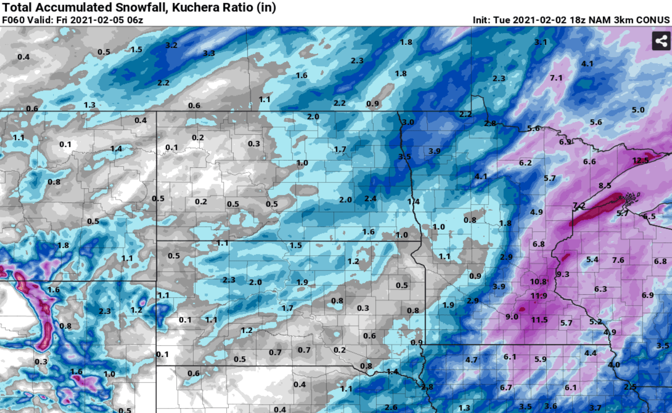 NOAA NAM 3 km model snowfall output by Friday