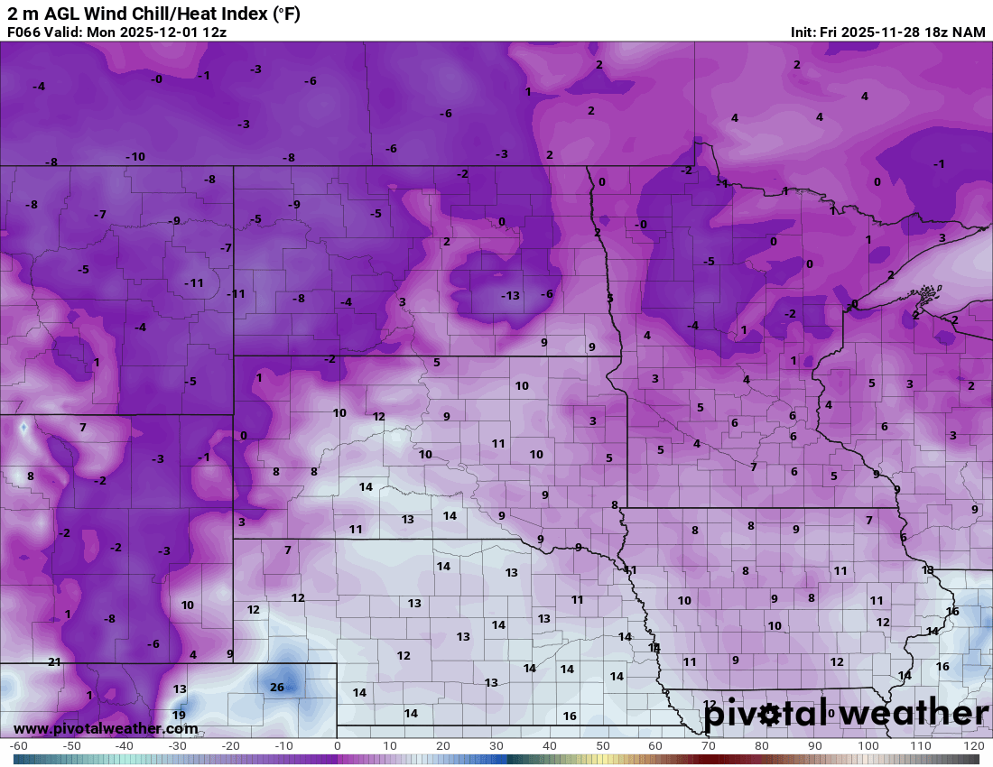Wind chills for Monday morning