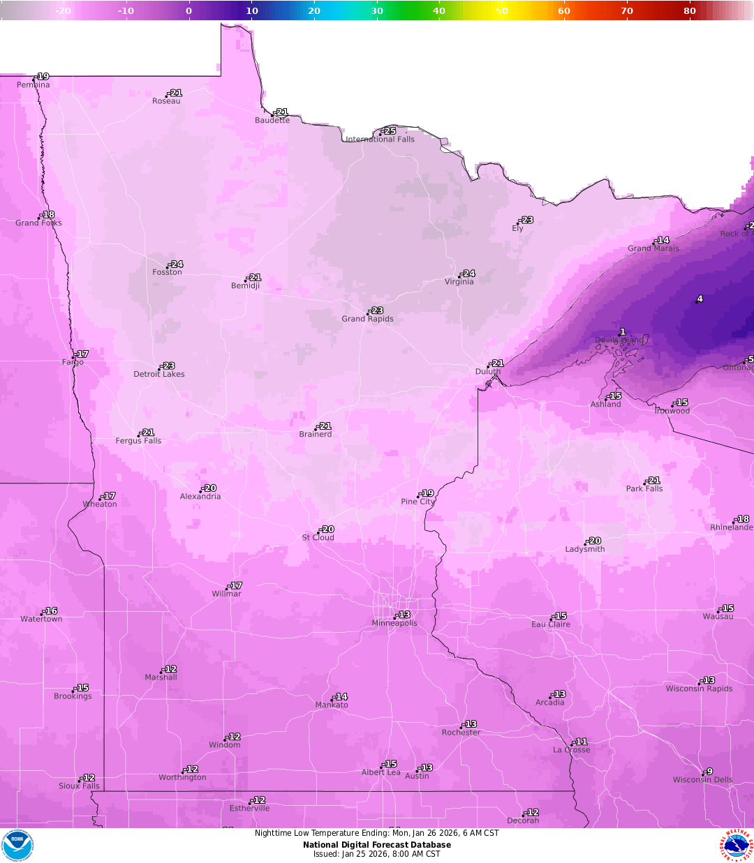 Lows for Sunday night