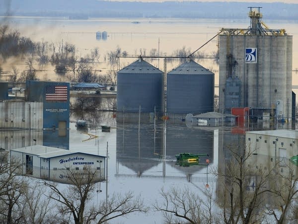 Floodwaters inundate the southwest side of Hamburg, Iowa