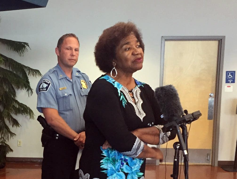 Park Superintendent Mary Merrill speaks with reporters.