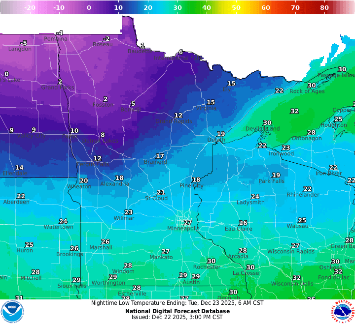 Monday night's lows