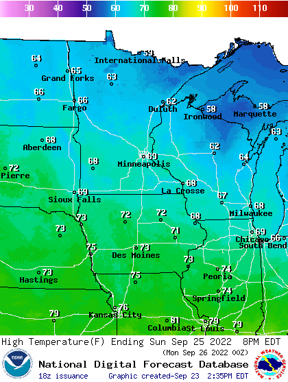 Forecast high temperatures Sunday