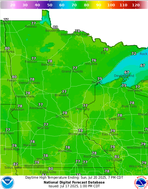 Forecast high temperatures Sunday