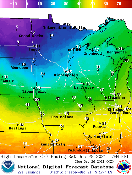 Forecast high temperatures Saturday