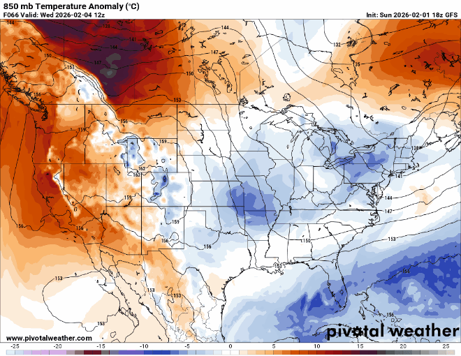 850 millibar temperature anomalies for Wednesday through Thursday night