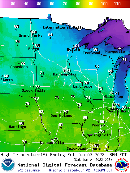 Forecast high temperatures Friday