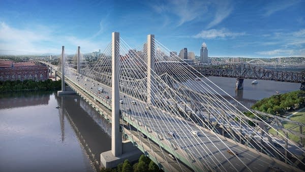 A rendering of a bridge over a river.