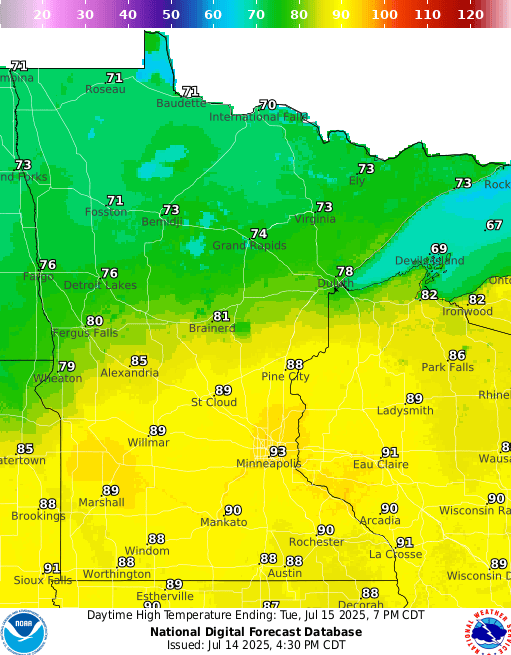 Forecast high temperatures Tuesday