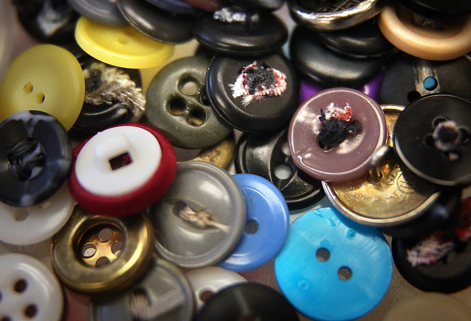 Cathy Jensen's sewing kit includes a wide variety of buttons.