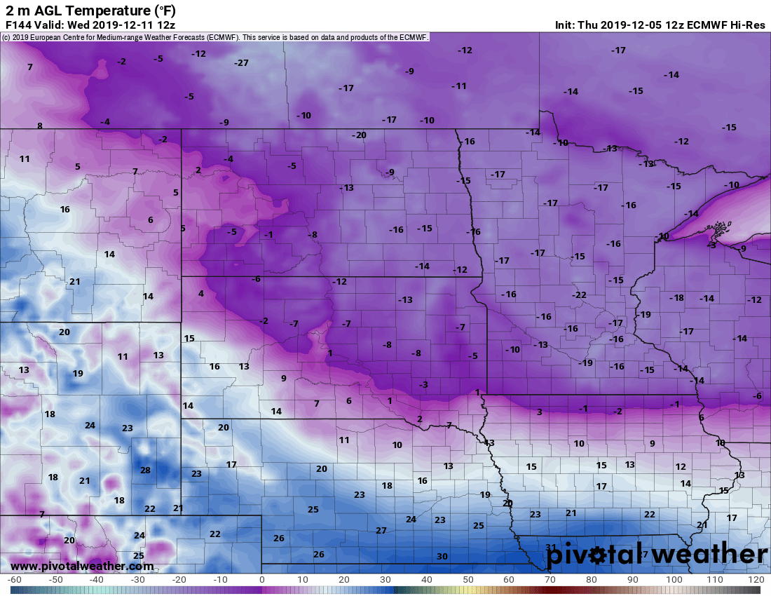 European model (ECMWF) temperature forecast for 6 am Wednesday December 11