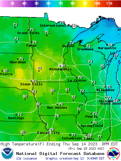 Forecast high temperatures Thursday