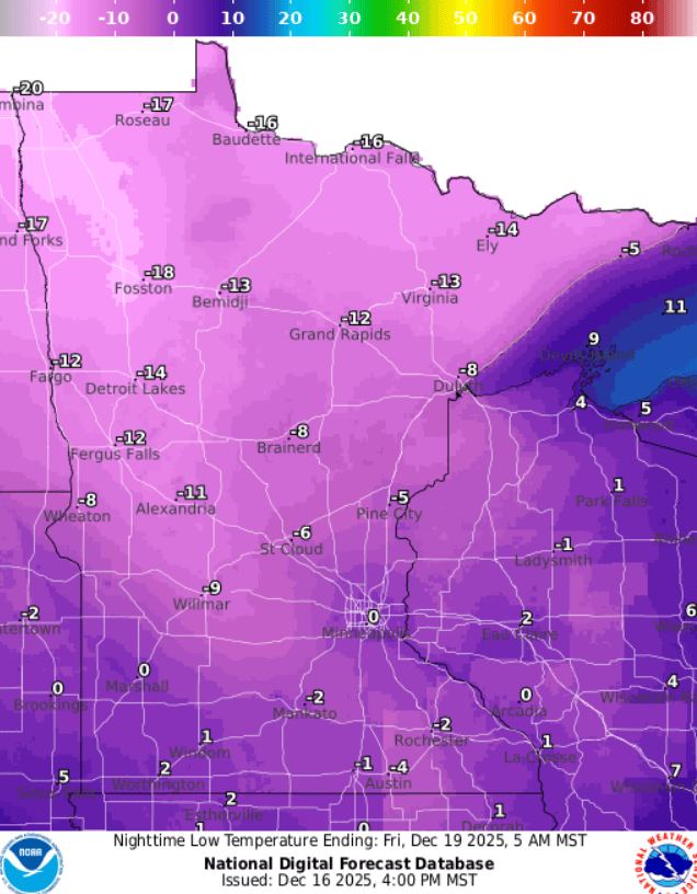 Forecast low temperatures Friday