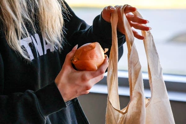 person putting an onion in a bag