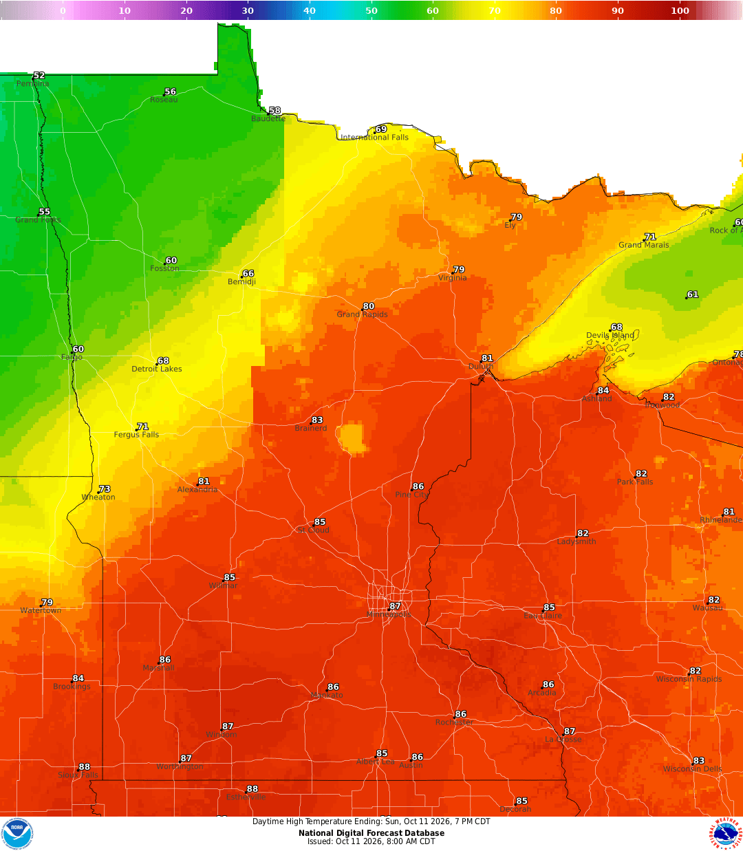 A temperature map of Minnesota shows red for most of the state, with bands of yellow and green in the northwest.