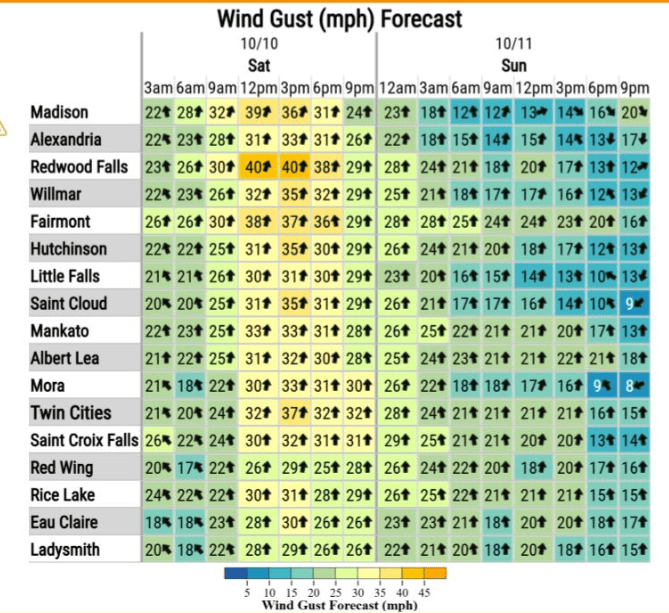 Wind gust forecast for Saturday and Sunday