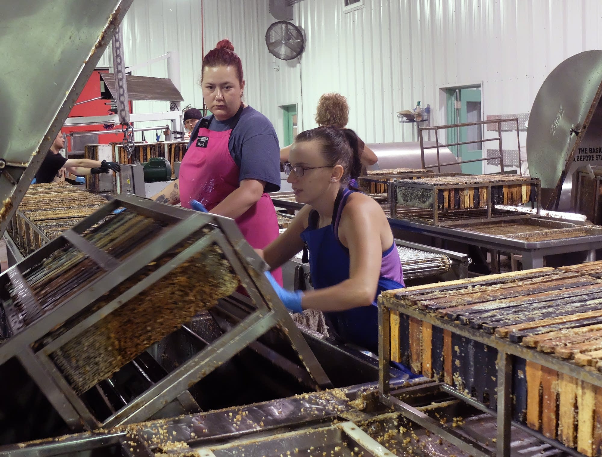 Jane Scrooby loads combs into the honey extractor.