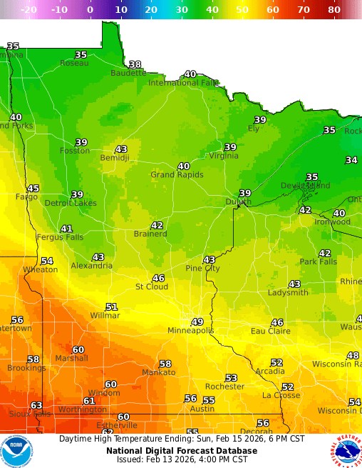 Forecast high temperatures Sunday